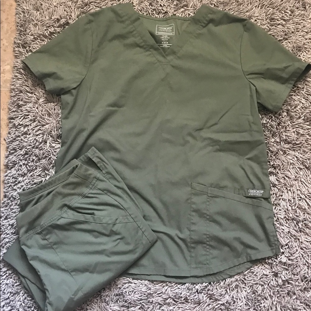 Cherokee workwear olive green scrub set